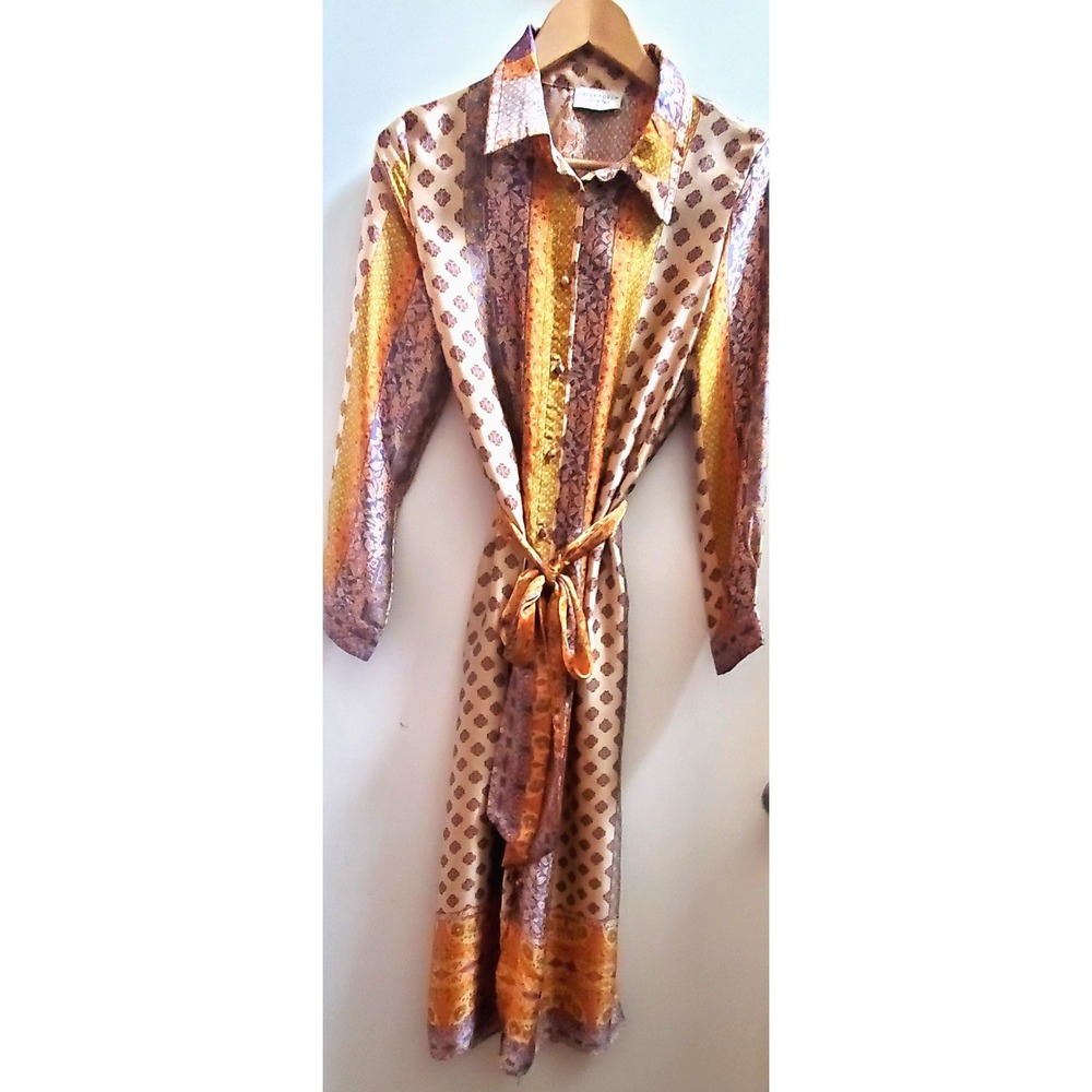 Dress Forum Los Angeles S Shirt Dress w/ Tie Blended Geometric Gold/Ivory/Blue